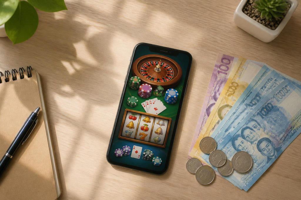 Smartphone na may casino app at pisong papel sa mesa
